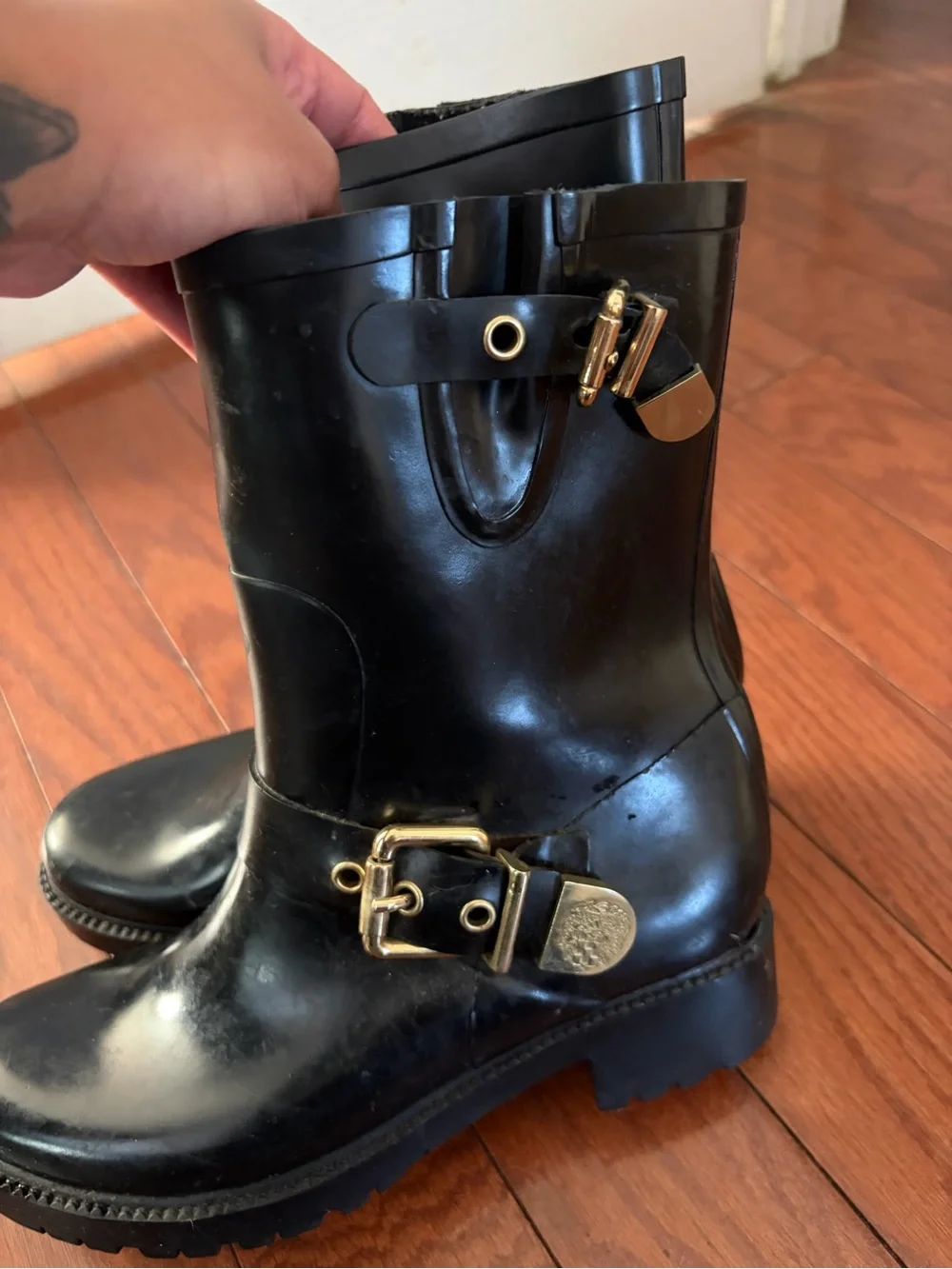 Vince Camuto Black Rain Boots with Gold Buckles